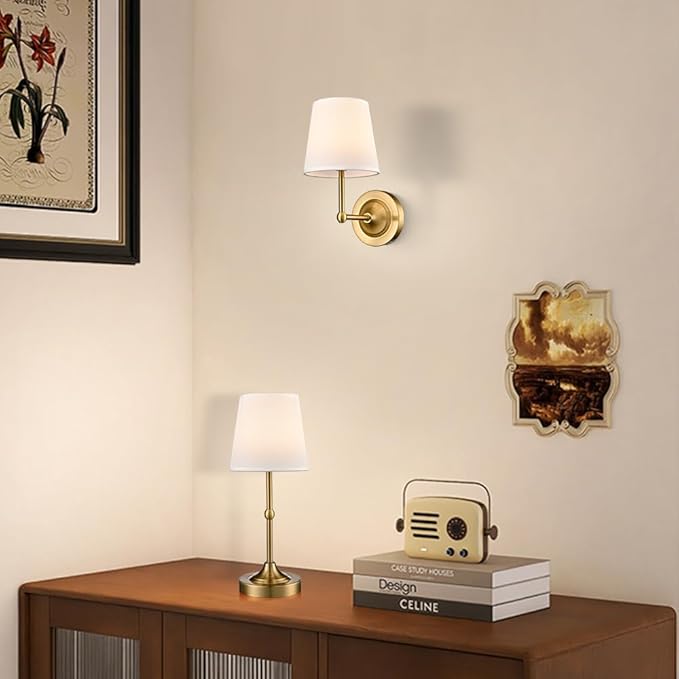 Battery Operated Table Lamp Wall Sconce Set of 2, Gold 2-in-1 Rechargeable Desk Lamp Wall Lights with Magnetic Dimmable LED Bulbs and Remote, Small Wireless Night Lamps for Bedroom Living Room