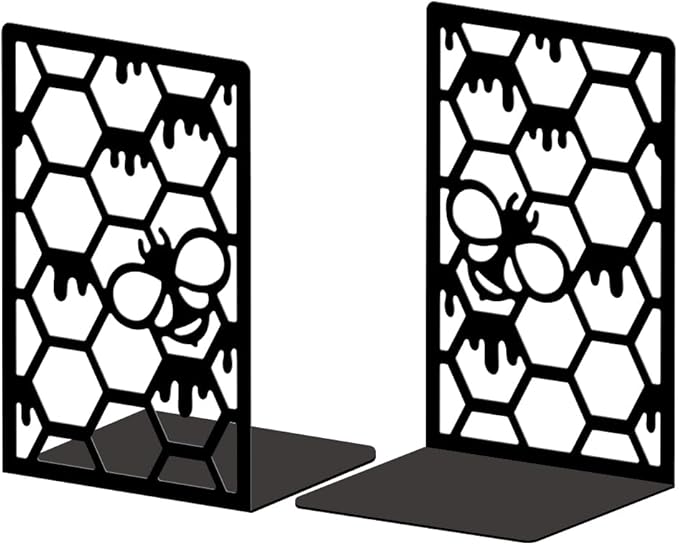 Peacoblue Metal Bookends for Shelves, Modern Decorative Heavy Duty Study Book Support Stoppers for Office, Desk, Shelf, Room 5.3"x4.3"x7.9" Cast Iron Simple Tall Bookends, 1 Pair (Beehive)