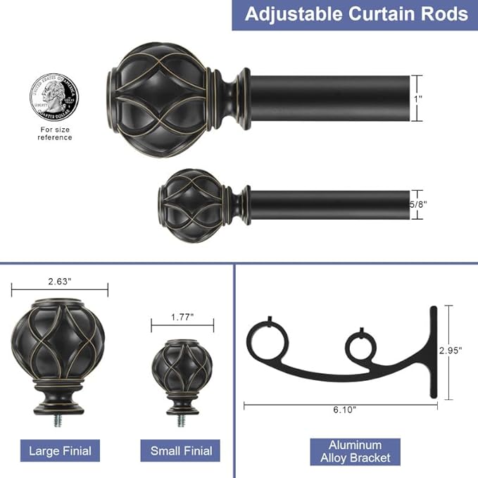 Matte Black Double Curtain Rods 28 to 48 Inch, Decorative Double Window Rod with Classic Finials, 1-Inch Front and 5/8 Inch Back Double Rod Drapery Rods