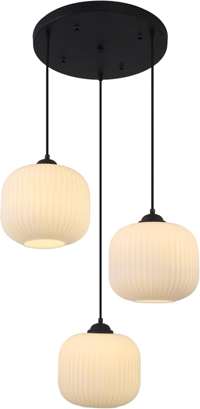 KCO Lighting 3 Light Cluster Pendant Modern Frosted Globe Chandelier Vintage Milk Glass Light Fixture Black Contemporary Cluster for Living Room Dining Room