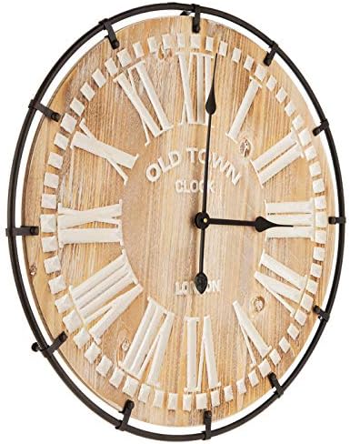 MODE HOME Large Farmhouse Wall Clock, 24 Inch Rustic Wooden Wall Clock Decorative with Metal Circle and Engraved Numerals, Silent Battery Operated for Kitchen Bedroom Living Room Fireplace Mantel