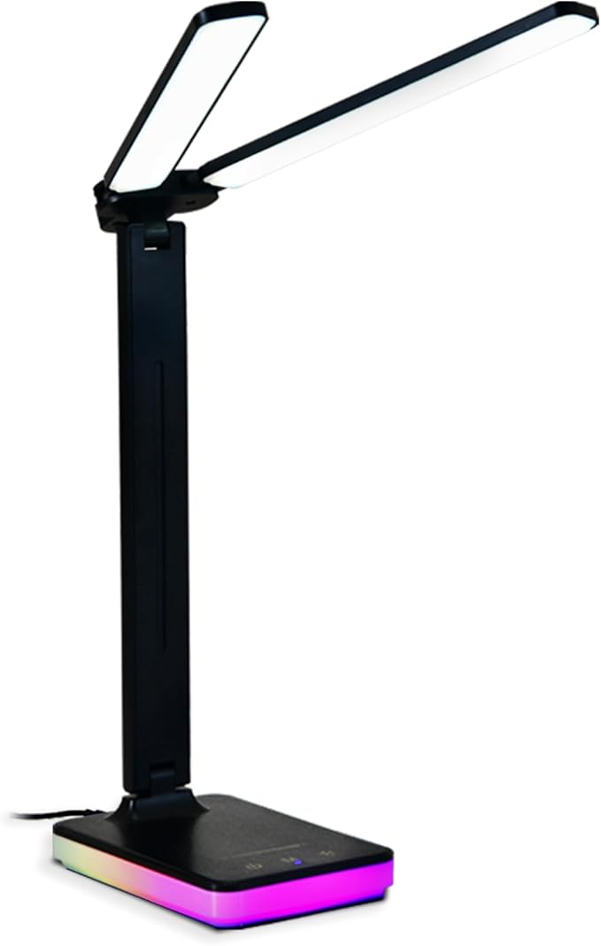 LED Double Head Desk Lamp with RGB Atmosphere Light, 5W USB Output, 5 Color Temp, Slide Steplessly Adjust Brightness, Touch Control, Foldable Table Light with Adapter (Black)