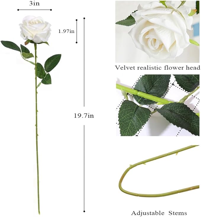 Jasion 50PCS Artificial Roses Realistic Velvet Silk Fake Flowers Long Stem Faux Flowers Bouquet for Wedding Home Party Table Centerpieces Decoration (White)