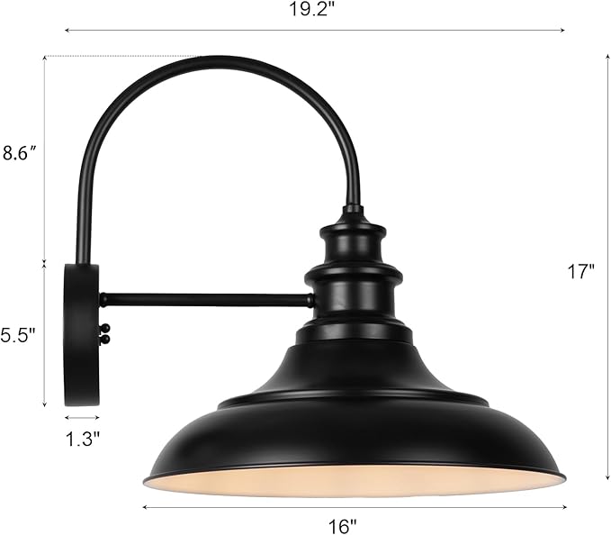 Outdoor Barn Light Fixture, 16 Inch Large Dome Farmhouse Exterior Wall Mount Light, Rustic Wall Sconce Indoor Wall Lighting Fixture, Industrial Black White Lantern for Porch, 1 Pack