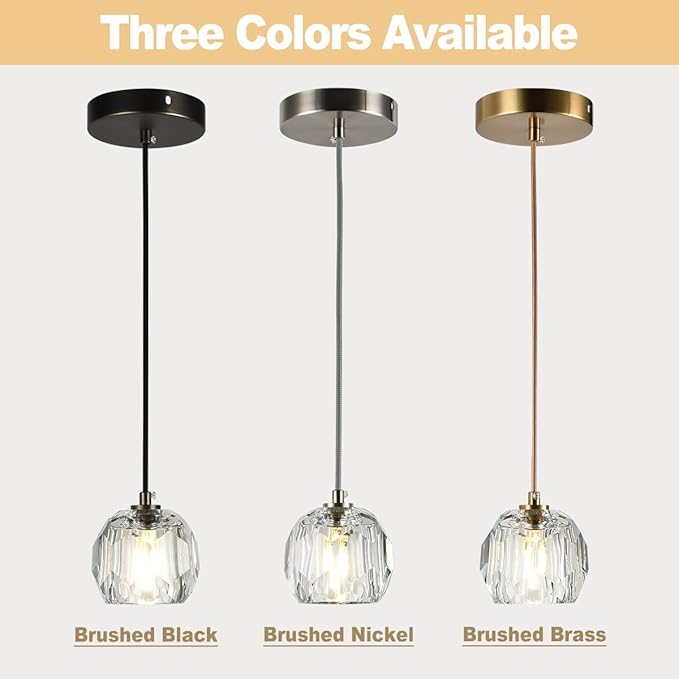 Modern Crystal Pendant Light, Brushed Nickel Single Pendant Light Fixture, Small Crystal Kitchen Island Hanging Lighting for Dining Room Bathroom