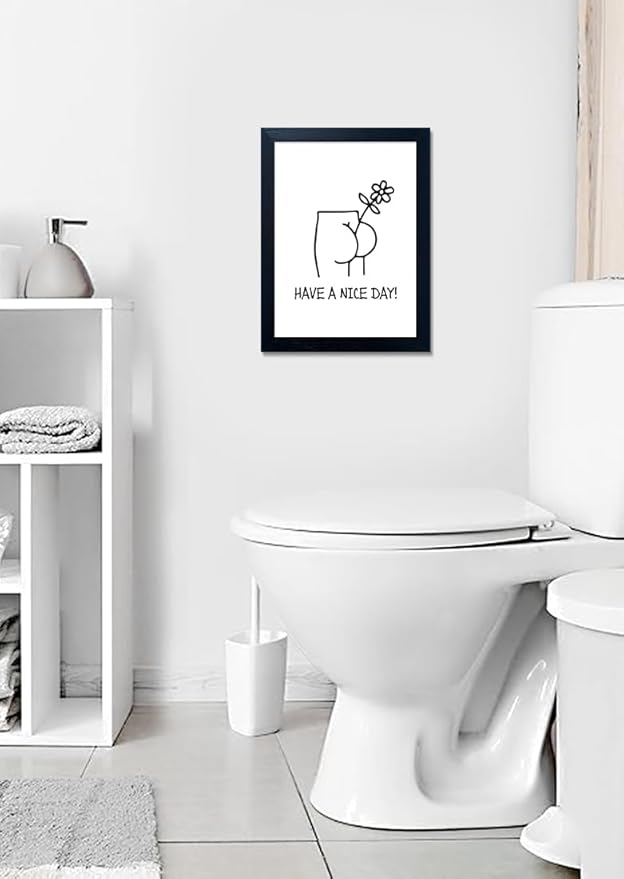 Black and White Bathroom Wall Decor, Funny Bathroom Wall Art, Humoristic Restroom Wall Decor, Framed Minimalist Canvas Print Painting for Decor