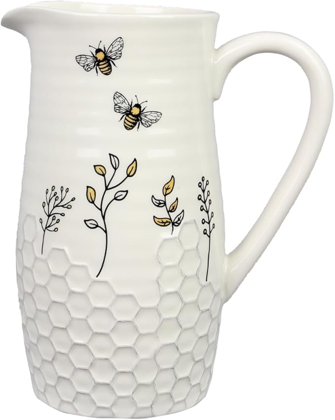 Young's Inc Honey Bee Ceramic Water Pitcher/Vase,Bee Farmhouse,Rustic Decor for Kitchen,Dining Accessories,8 Inch