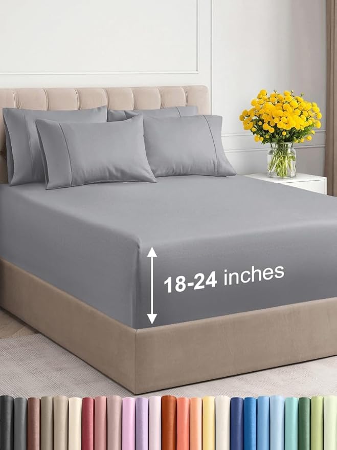 Extra Deep Queen Sheet Set - 6 Piece Breathable & Cooling Sheets - Hotel Luxury Bed Sheets Set - Easy & Secure Fit - Soft, Wrinkle Free & Comfy Sheets Set - Steel Blue Sheet Set w/Extra Deep Pockets