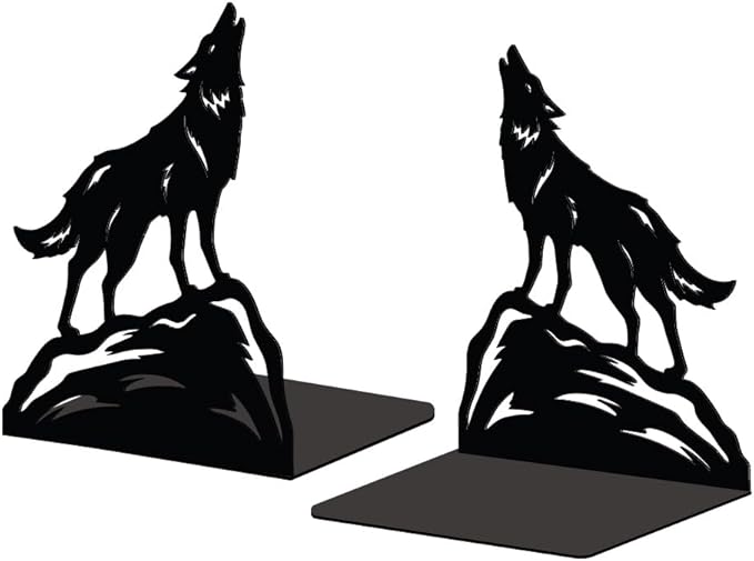 Peacoblue Metal Bookends for Shelves, Modern Decorative Heavy Duty Study Book Support Stoppers for Office, Desk, Shelf, Room 5.3"x4.3"x6.4" Cast Iron Simple Tall Bookends, 1 Pair (Howling Wolf)