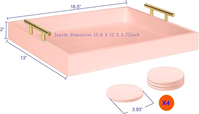 Serving Tray 16.5“X 13“Deluxe Wooden Ottoman Tray for Coffee Table with Polished Gold Metal Handles and 4 Coasters, Living Room Bathroom Coffee Bar Organizer Modern Decorative Pink Tray