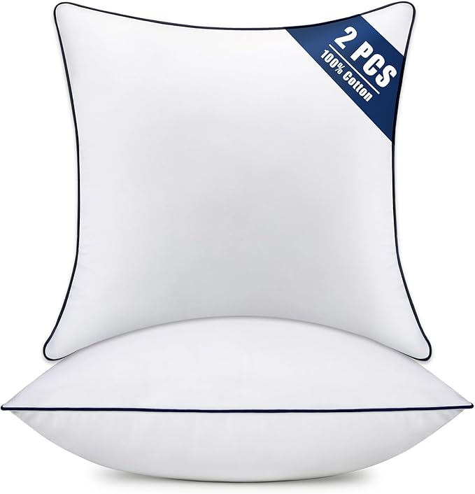 Throw Pillow Inserts Set of 2-Fluffy Square Cushions with 100% Cotton Covers-Decorative White Pillow Fillers for Sofa, Bed, Couch, Living Room, Indoor Hotel Pillows (24x24 Inch (Pack of 2)-Blue Edge)