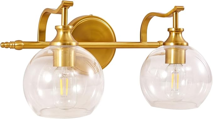 ANDY STAR Gold Bathroom Light Fixtures, 2-Light Brass Vanity Light, Modern Sconces with Globe Clear Lampshade, Farmhouse Bathroom Lighting Fixtures Over Mirror with Metal Lamp Body, E26 Base