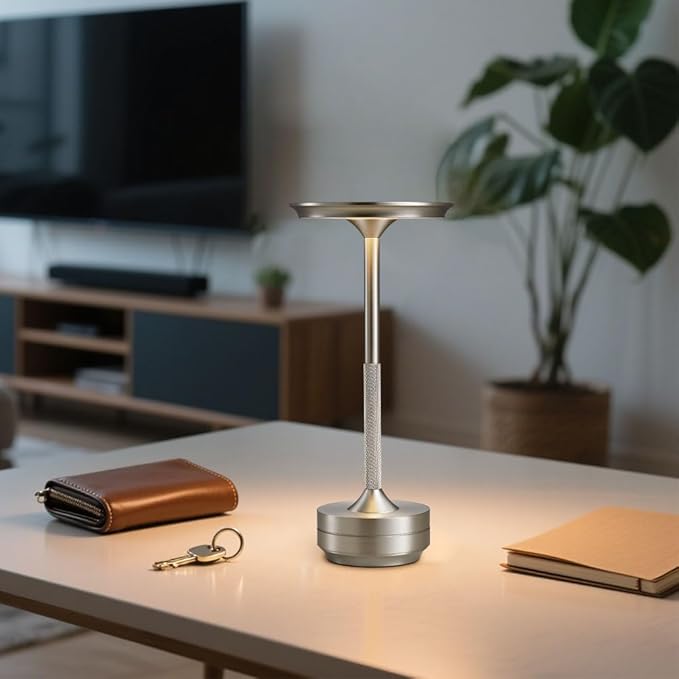 EJQ Cordless Rechargeable Table Lamps, Portable 6000mAh Battery Desk Lamp Waterproof 3 Color Stepless Dimming LED Table Light with Memory Function for Outdoor/Dinning/Patio/Restaurant (Sliver 1Pack)