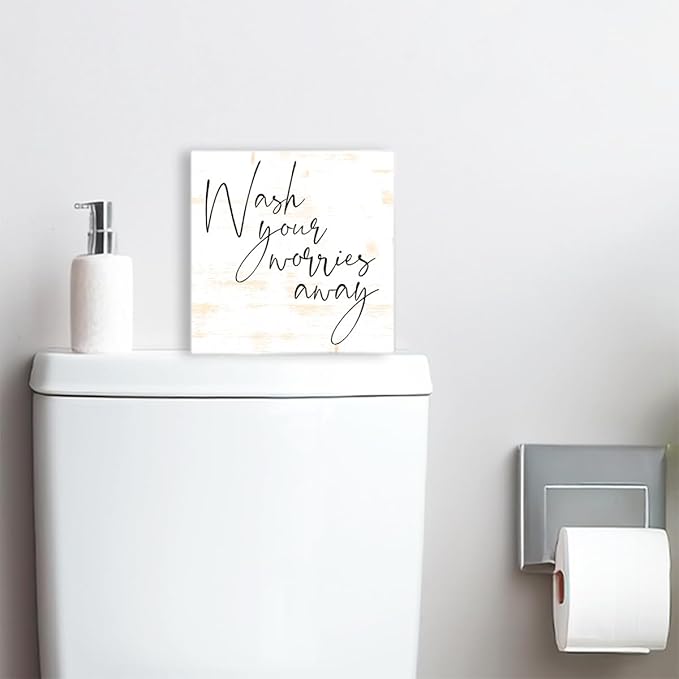 Funny Rustic Wood Sign - Wash Your Worries Away - Wood Block Sign for Shelf, Toilet, Restroom, Home, Tabletop, Desk Decor - Farmhouse Bathroom Wooden Box Sign