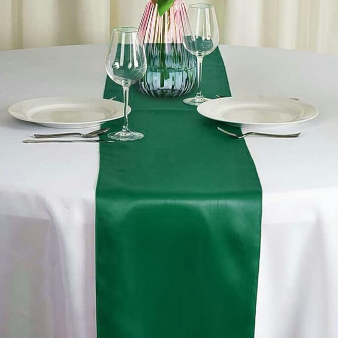12 Pack Forest Green Satin Table Runner 12x108 Inches Long, Silk and Smooth Fabric Table Runner for Wedding, Parties, Banquets, Events Decoration