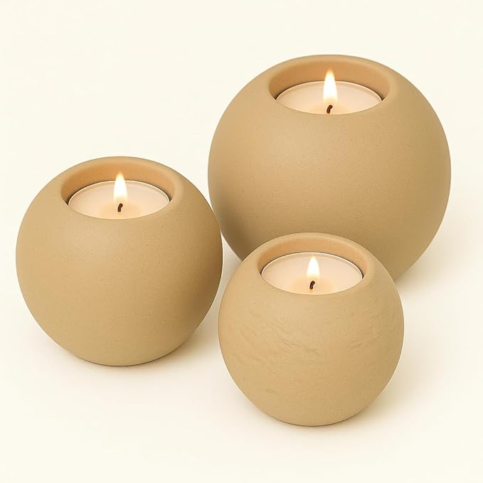 Concrete Sphere Tea Light Holder - Minimalist Centerpiece - Candle Holder - Modern Interior Design (Buff, Set of 3 Sizes)