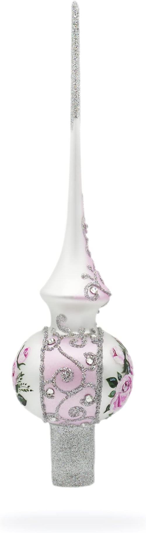 Pink Flowers Bouquet on Silver Glass Christmas Tree Topper 11 Inches