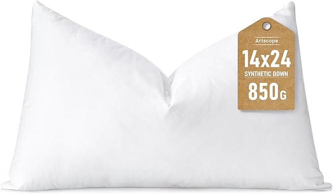 Artscope Synthetic Down Lumbar Pillow Insert, 14x24 Down Alternative Throw Pillow Insert. Ultra Soft Fluffy Sleeping Pillow with 100% Cotton Cover, Decorative Pillows-White.