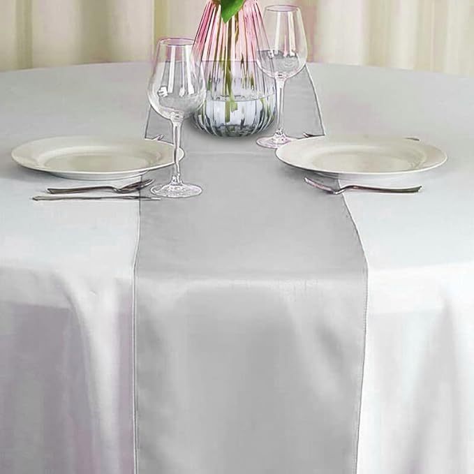 12 Pack Silver Table Runners, Satin Table Runner 12x108 Inches Long, Silk and Smooth Fabric Table Runner for Halloween,Christmas,Wedding, Parties, Banquets, Events Decoration