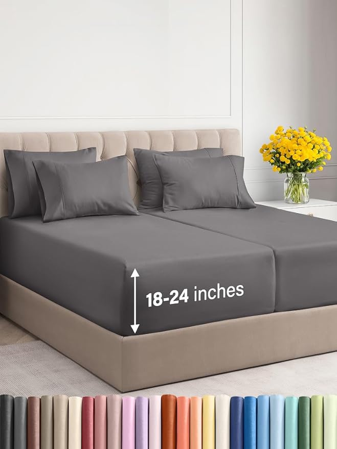 Extra Deep Split King Sheet Set - 7 Piece Breathable and Cooling Sheets - Hotel Luxury Bed Sheets Set - Easy Fit - Soft, Wrinkle Free and Comfy Sheets Set - Dark Grey Sheet Set with Extra Deep Pockets