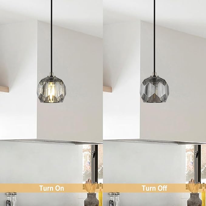 Modern Smoke Pendant Light, Brushed Black Ceiling Light Small Crystal Pendant Light Kitchen Island, Single Pendant Hanging Light Fixture for Dining Room Bathroom