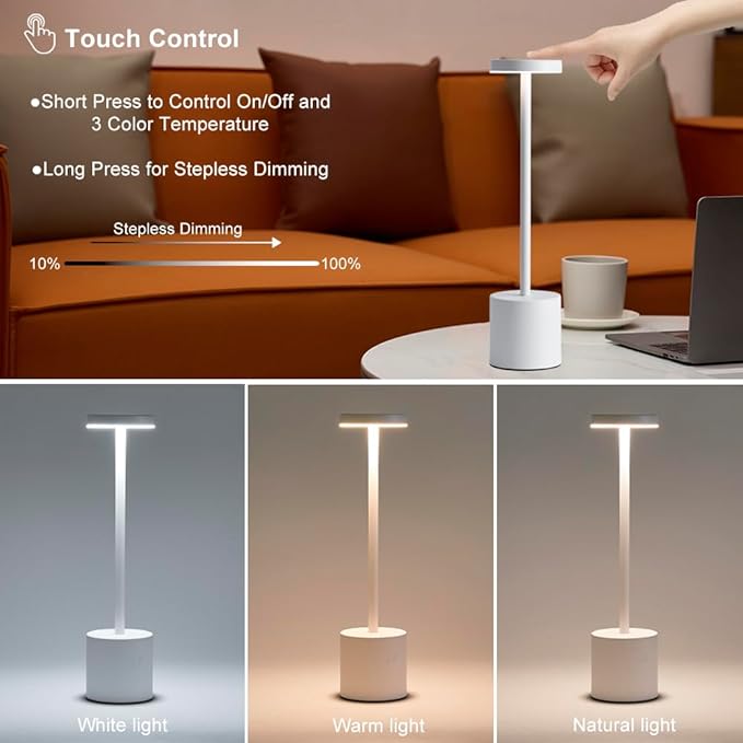 2 Pack LED Cordless Table Lamp, Portable 5000mAh Rechargeable Table Lamps, Touch Control Outdoor Table Lamp, 3 Color Dimmable Cordless Desk Lamp For Restaurant, Patio, Bedroom, Outdoor - White