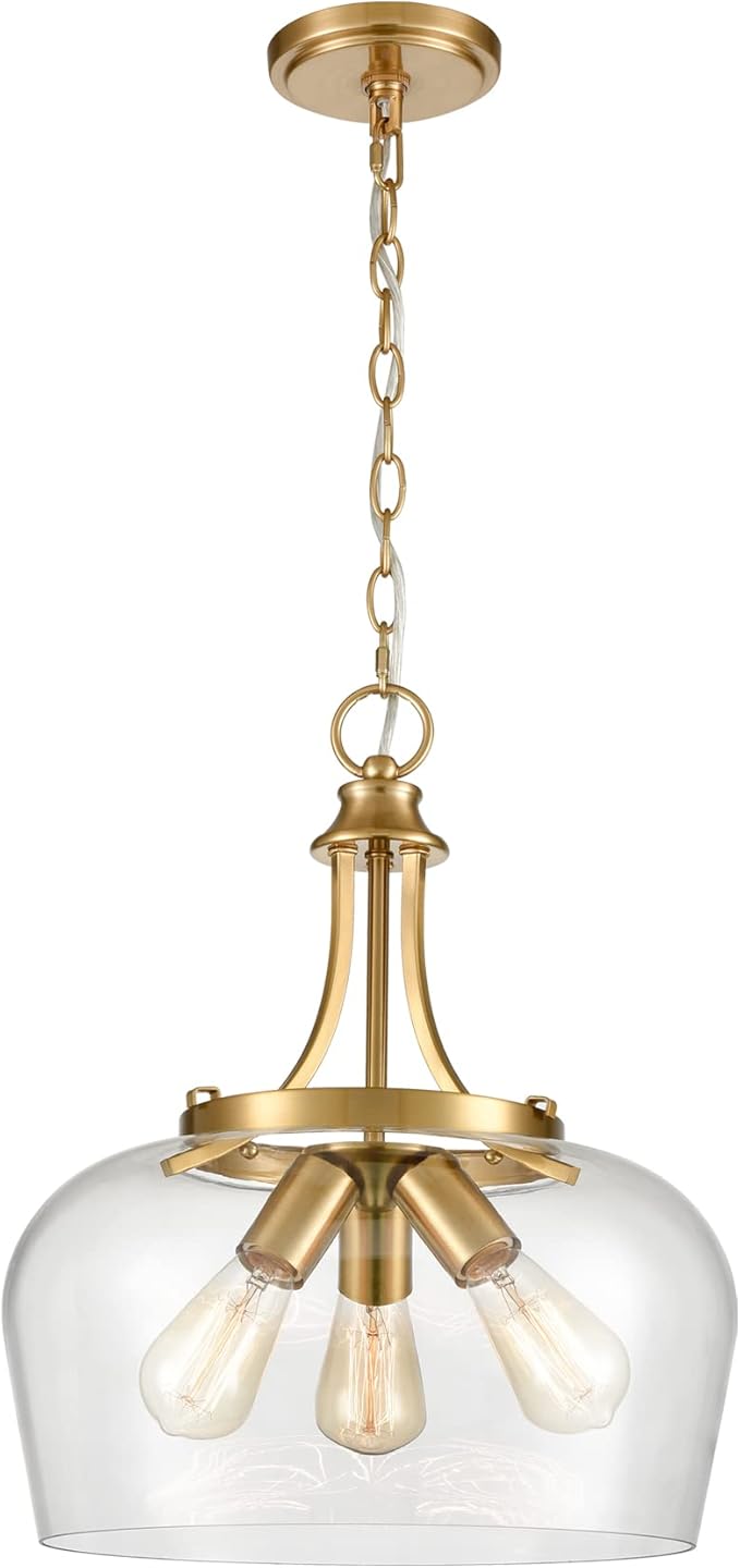 Modern Gold Pendant Light Mid Century 3-Light Clear Glass Pendant Lighting with Adjustable Chain Brass Glass Pendant Lights Kitchen Island for Dining Room Bedroom Living Room