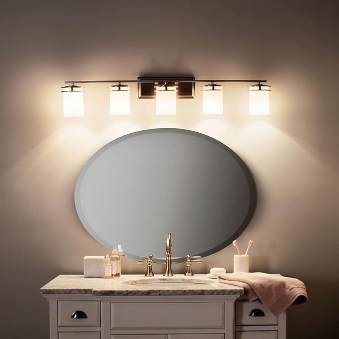 Kichler Hendrik 43" 5 Light Vanity Light with Light Umber Etched Glass Olde Bronze®