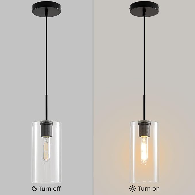 Matte Black Glass Pendant Light: Seeded Clear Glass Pendant Light over Kitchen Island set of 2 - Minimalist Hanging Lights with Short Tube - Height Adjustable Pendants Lighting Fixture for Dining Room