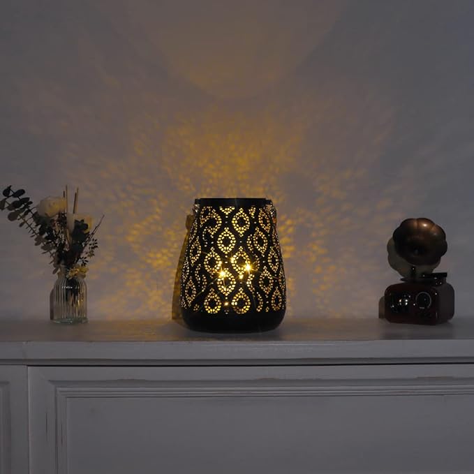TRIROCKS Set of 12 Moroccan Style Metal Lamp 8''H Battery Operated Cordless Table Lamp Vintage Lantern for Living Room Garden Yard Patio Parties Event Indoors Outdoors (Black with Gold Brush)