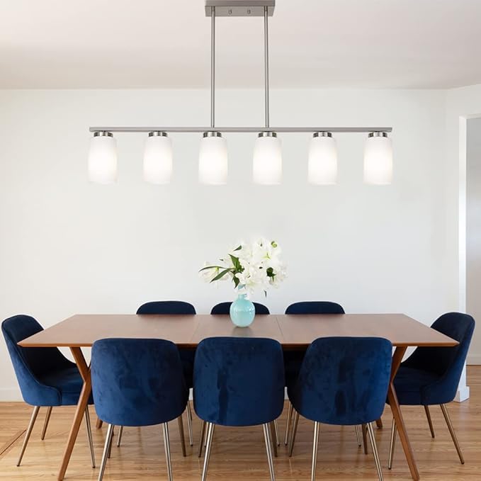 TODOLUZ 6-Lights Farmhouse Pendant Light Fixture Kitchen Island Lights with Opal White Glass Shade, Hanging Ceiling Light in Brushes Nickel for Dining Room Home Lighting