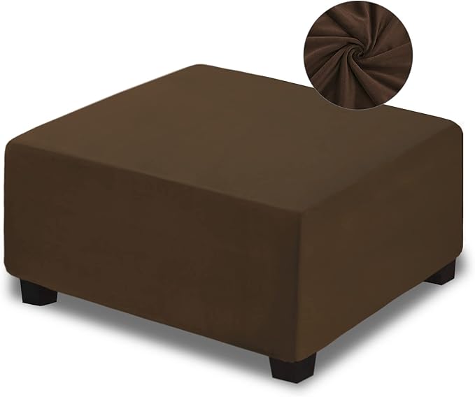 NeColorLife Velvet Square Ottoman Cover, Stretchable Footrest Stool Slipcover with Elastic Band for Rectangle and Square Storage Ottoman(Large,Brown)
