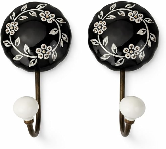 Ceramic Wall Hooks, Black with White Floral Pattern, 2-Pack Decorative Coat Hangers, 8 lb Capacity (4, Black)
