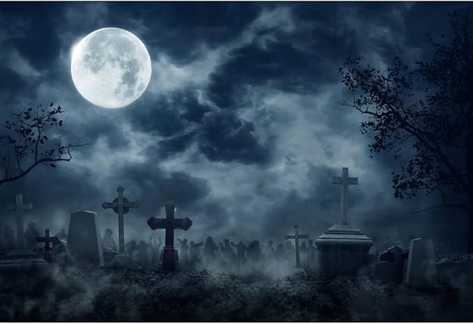 Haoyiyi 7x5ft Dark Graveyard Backdrop Mystery Misty Halloween Full Moon Creepy Tombstone Photography Background Kids Adult Portrait Magic Witch Wizard Sorcerer Ghost Themed Party Banner Photo Props