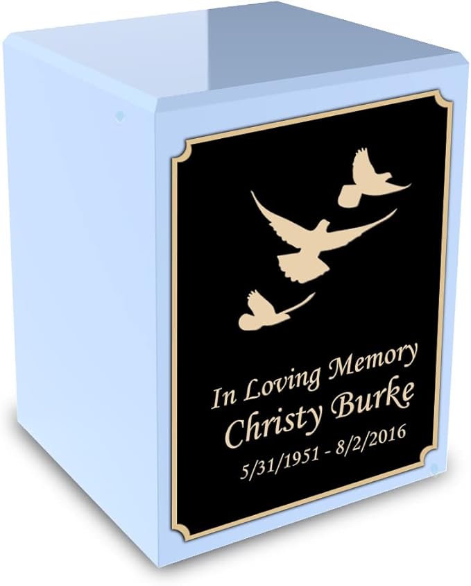 GetUrns Custom Doves Small Urn Box for Human Ashes I Personalized Wooden Keepsake Cremation Urn for Male or Female I Light Blue Memorial Box I 40lbs