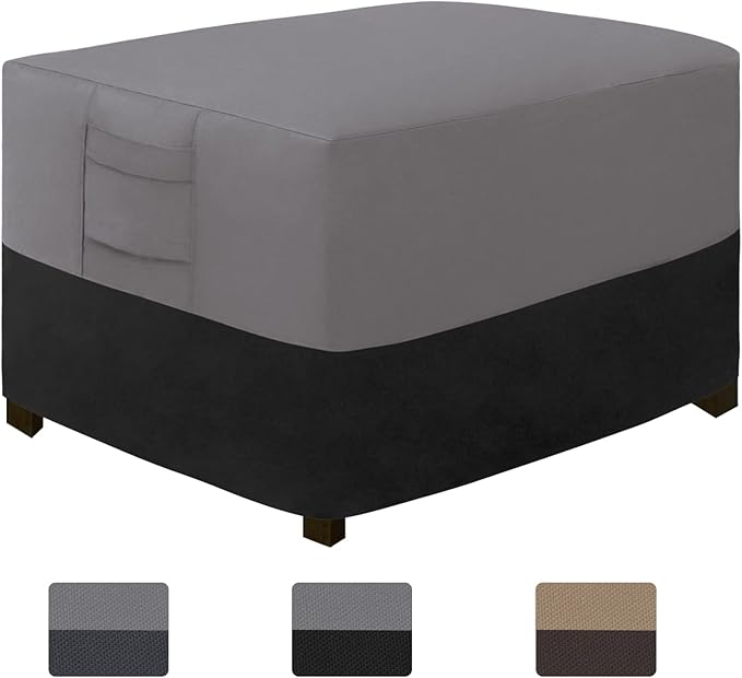 Easy-Going Outdoor Ottoman Cover, Waterproof Patio Ottoman Cover, Heavy Duty Outdoor Furniture Cover with Padded Handles (28"x22"x17", Gray/Black)