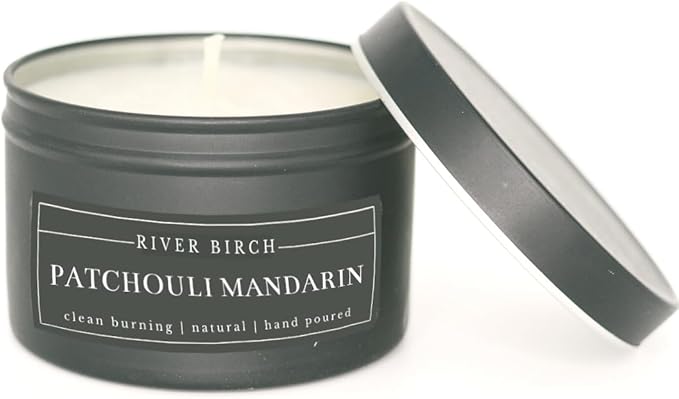 River Birch Candles Patchouli Mandarin Scented Candle | Premium, All-Natural, Non-Toxic, Soy Candles | 8 oz. Black Matte Tin Travel Candle | Cozy Relaxing Gifts for Home