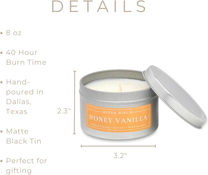 River Birch Candles Honey Vanilla Scented Candle | Premium, All-Natural, Non-Toxic, Soy Wax | 8 oz. Silver Travel Tin | Cozy Relaxing Gifts for Home