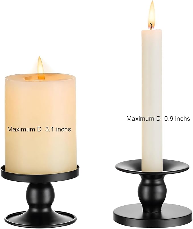 Table Gold Candle Holders – Set of 2 | Reversible Metal Candle Stand for Pillar & Taper Candles | Stylish Tabletop Candle Tray for Home Décor, Weddings & Special Occasions (Black)