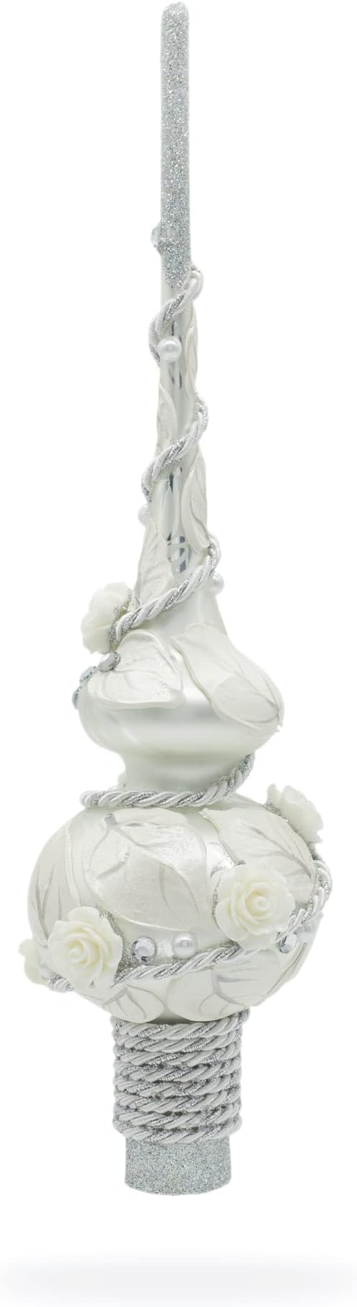 White Roses with Leaves on White Glass Christmas Tree Topper 11 Inches