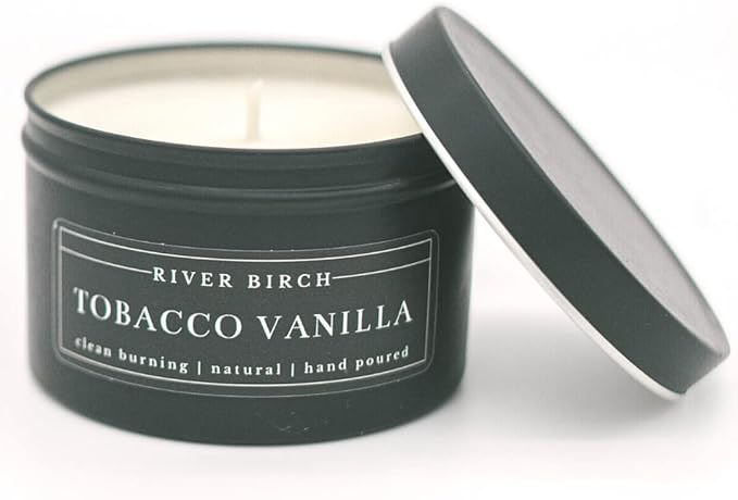 River Birch Candles Tobacco Vanilla Scented Candle | Premium, All-Natural, Non-Toxic, Soy Candles | 8 oz. Black Matte Tin Travel Candle | Cozy Relaxing Gifts for Home