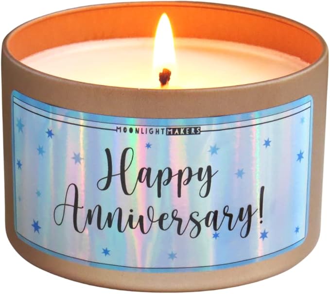 Moonlight Makers, Happy Anniversary, Rose Gold Vanilla Breeze Scented Handmade Candle, Natural Soy Wax Candle, 25+ Hour Burn Time, 8oz Tin