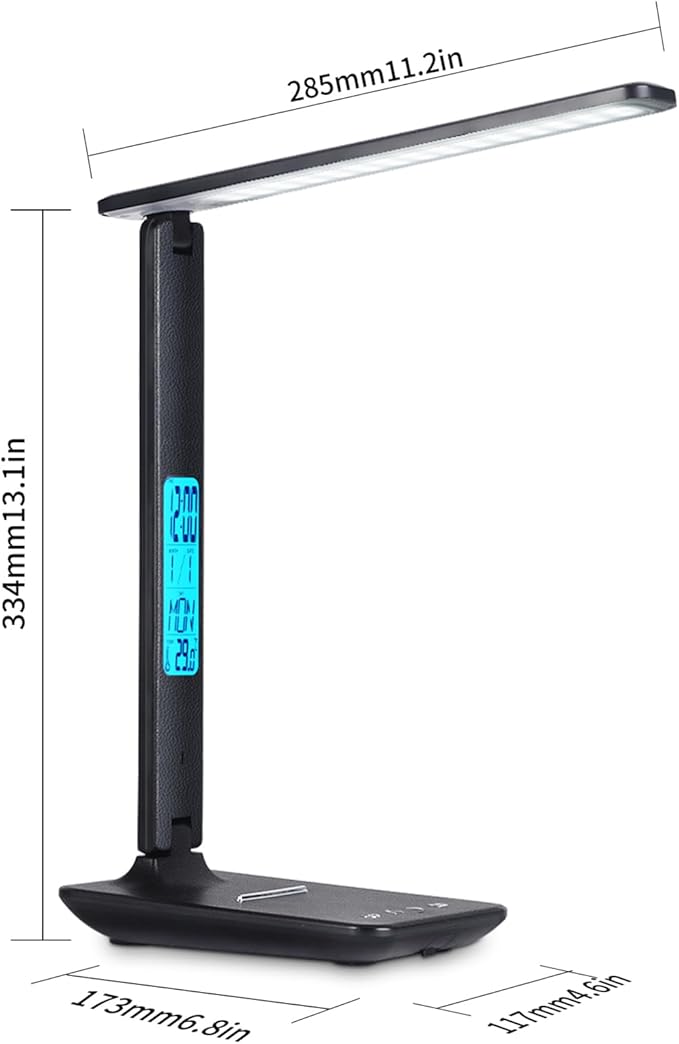 Multi Functional Table Lamp T26 Black,Features a Clock, Calendar, Temp Display, Alarm, Wireless Fast Charging, and Adjustable Brightness.