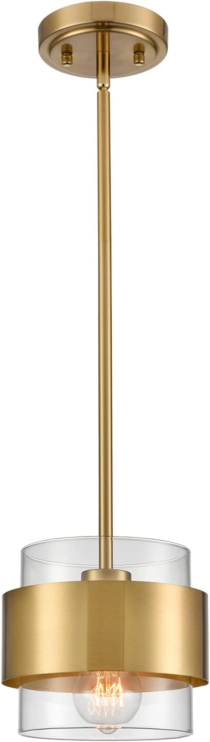 CLAXY Glass Pendant Light Mini Gold Hanging Pendant Lighting Clear Cyliner Shade for Kitchen Sink Dining Bathroom, Adjustable Hanging Rods