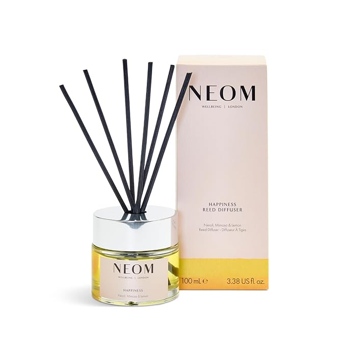 NEOM Happiness Reed Diffuser, 3.38fl oz | Uplifting Scent | Neroli, Mimosa & Lemon Essential Oil Blends| 100% Natural Fragrance | Scent to Make You Happy…