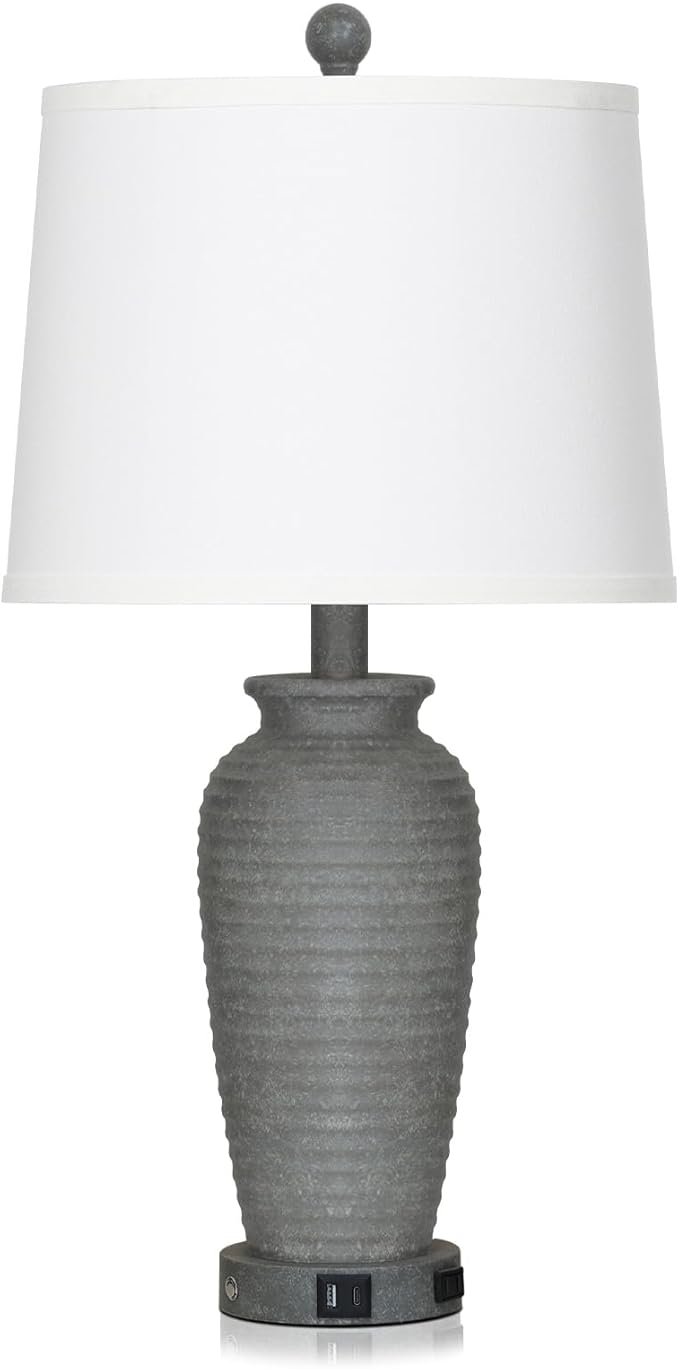 25" Grey Farmhouse Jar Table Lamps, 3 Way Touch Control Rustic Bedside Lamps with USB A+C Ports & AC Outlet, Pot Nightstand Lamps for Bedroom End Table (LED Bulbs Included)
