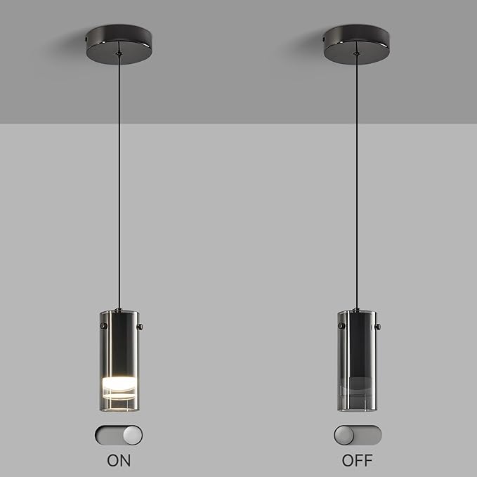 Black Pendant Light Fixtures, Adjustable Modern LED Smoky Gray Glass Pendant Lights for Kitchen Island, Single Hanging Pendant Lighting for Dining Table Hallway Bedroom Living Room(1-Pack)