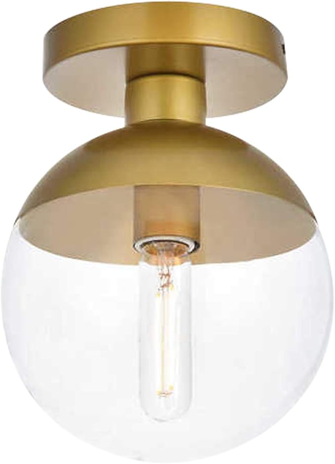 Modern Clear Glass Ceiling Light Fixture with 1-Light, Industrial Sphere Glass Chandelier Fitting, E26 LED Semi-Flush Mount Pendant Lights for Kitchen, Bedroom, Bar, Counter, Cafe (Brass)