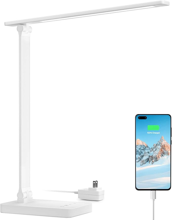 Lepro LED Desk Lamp with USB Charging Port, 700LM Dimmable Home Office Touch Control Reading Table Lamp,5 Color Modes with 5 Brightness Level, Dorm Room Essentials, Task Lamp, Sewing, Crafting, White