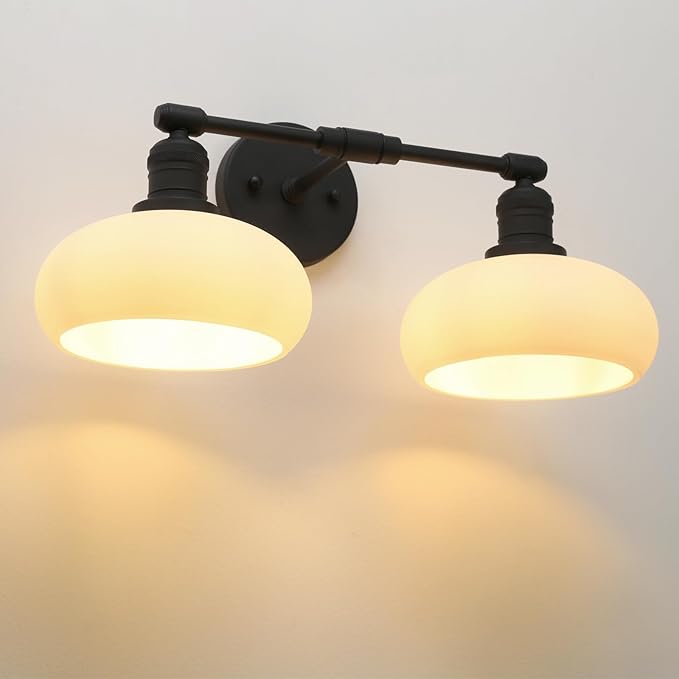 Pathson 2-Lights Milky Glass Wall Sconce, Hardwired Double Head Bathroom Sconces, Vintage Wall Lamps for Vanity Mirror, Living Room, Bedroom, Farmhouse Lighting